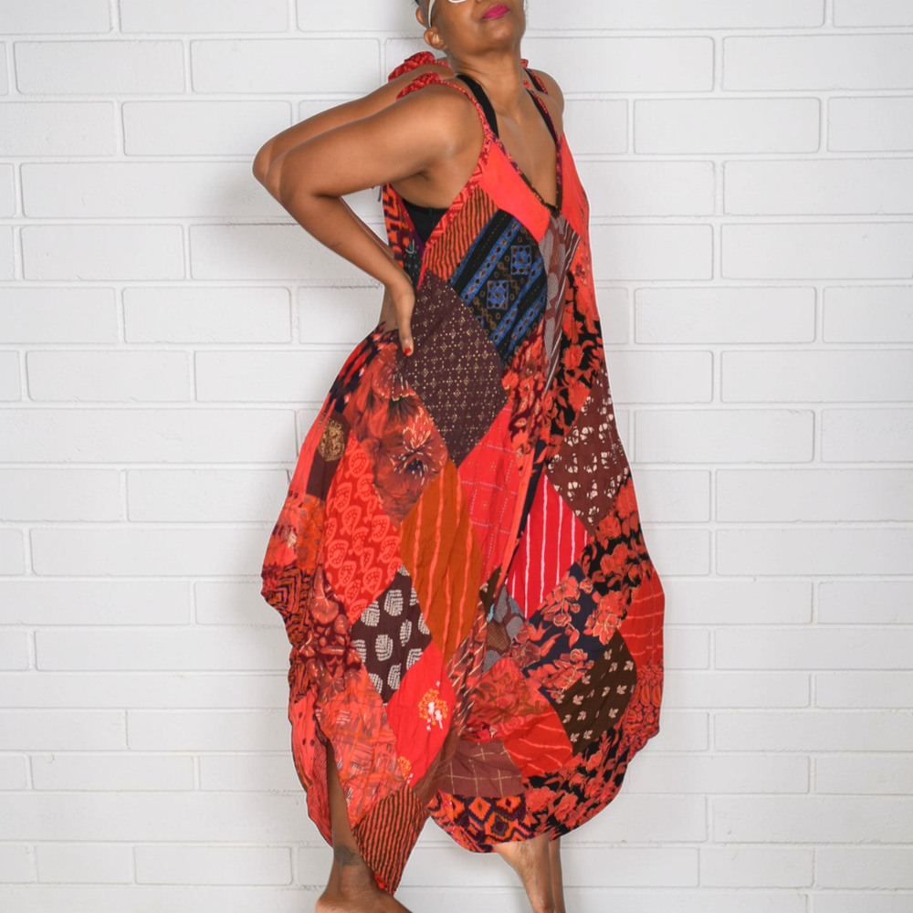 Boho Patchwork Harem Romper Red Tie Strap Jumper … - image 3